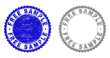 Grunge FREE SAMPLE stamp seals isolated on a white background. Rosette seals with distress texture in blue and gray colors. Vector rubber stamp imprint of FREE SAMPLE caption inside round rosette.