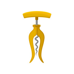 Flat vector icon of corkscrew with bright yellow handle and spiral metal rod. Device for pulling corks from bottles