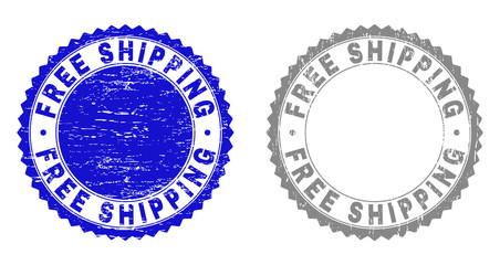 Grunge FREE SHIPPING stamp seals isolated on a white background. Rosette seals with distress texture in blue and grey colors. Vector rubber stamp imitation of FREE SHIPPING label inside round rosette.