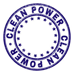 CLEAN POWER stamp seal imprint with grunge texture. Designed with round shapes and stars. Blue vector rubber print of CLEAN POWER label with dirty texture.