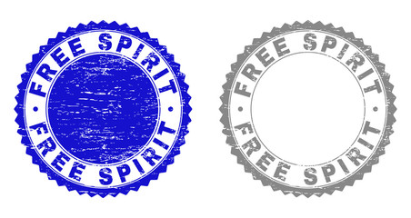Grunge FREE SPIRIT stamp seals isolated on a white background. Rosette seals with distress texture in blue and gray colors. Vector rubber stamp imprint of FREE SPIRIT label inside round rosette.