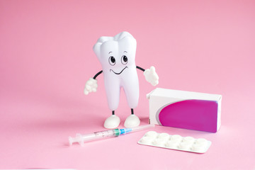 Healthy white tooth. Tooth on pink background. Advertising for dentistry.