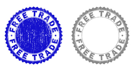 Grunge FREE TRADE stamp seals isolated on a white background. Rosette seals with grunge texture in blue and grey colors. Vector rubber overlay of FREE TRADE text inside round rosette.