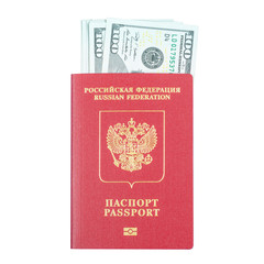 Russian passport with dollars isolated on white background. Tourism concept