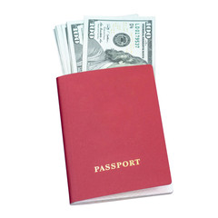 Dollars in red passport isolated on white background