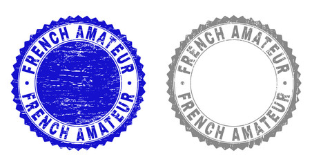 Grunge FRENCH AMATEUR stamp seals isolated on a white background. Rosette seals with grunge texture in blue and grey colors. Vector rubber watermark of FRENCH AMATEUR label inside round rosette.
