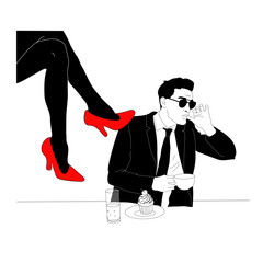 The legs of a woman in red shoes, brutal stylish man or a guy with glasses. A couple of men and women.. Love, relationship, romantic. Template for card, poster, banner, print for t-shirtcouple, vector