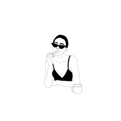 Fashion woman with sunglasses and coffee. Hand drawn vector illustration 