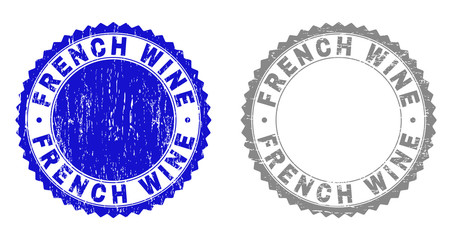 Grunge FRENCH WINE stamp seals isolated on a white background. Rosette seals with grunge texture in blue and gray colors. Vector rubber stamp imitation of FRENCH WINE caption inside round rosette.
