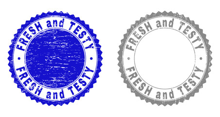Grunge FRESH AND TESTY stamp seals isolated on a white background. Rosette seals with grunge texture in blue and gray colors. Vector rubber stamp imprint of FRESH AND TESTY text inside round rosette.