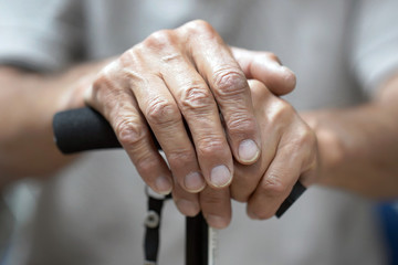 Senior Man Holding Cane. Close-up Of old man Hands On Walking Stick. Hand of a old man holding a...
