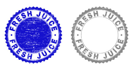 Grunge FRESH JUICE stamp seals isolated on a white background. Rosette seals with grunge texture in blue and grey colors. Vector rubber stamp imitation of FRESH JUICE label inside round rosette.