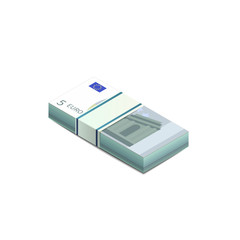 Bright five euro banknotes in stack in isometric view, pile notes on white