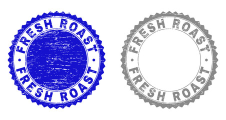 Grunge FRESH ROAST stamp seals isolated on a white background. Rosette seals with grunge texture in blue and grey colors. Vector rubber stamp imprint of FRESH ROAST title inside round rosette.