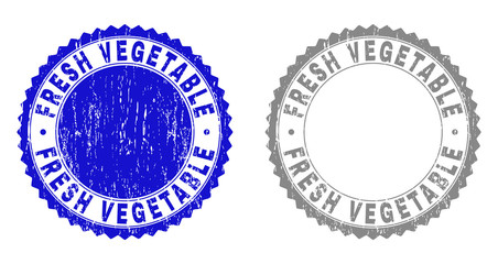 Grunge FRESH VEGETABLE stamp seals isolated on a white background. Rosette seals with grunge texture in blue and gray colors. Vector rubber overlay of FRESH VEGETABLE text inside round rosette.
