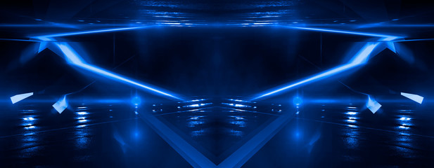 Abstract blue background, portal, corridor. Abstract light, rays, neon, spotlights. Empty space scene.
