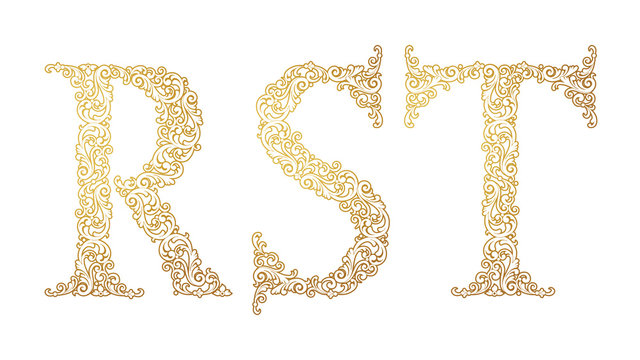 Gold font type letters R, S, T, uppercase. Vector baroque element of golden vintage alphabet made from curls and floral motifs. Isolated on white background. Victorian ABC element in vector.