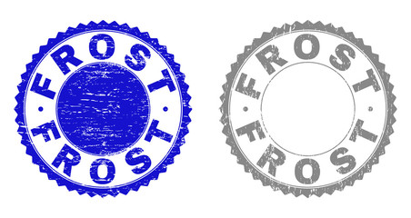 Grunge FROST stamp seals isolated on a white background. Rosette seals with grunge texture in blue and grey colors. Vector rubber stamp imprint of FROST title inside round rosette.