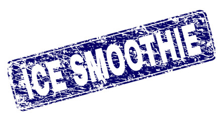 ICE SMOOTHIE stamp seal print with distress texture. Seal shape is a rounded rectangle with frame. Blue vector rubber print of ICE SMOOTHIE tag with unclean texture.