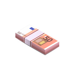 Bright fifty euro banknotes in stack in isometric view, pile notes on white