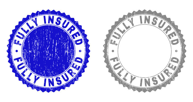 Grunge FULLY INSURED stamp seals isolated on a white background. Rosette seals with grunge texture in blue and grey colors. Vector rubber stamp imprint of FULLY INSURED text inside round rosette.