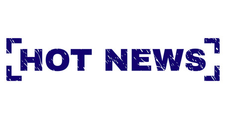 HOT NEWS tag seal print with distress effect. Text tag is placed between corners. Blue vector rubber print of HOT NEWS with dust texture.