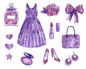 Hand drawn watercolor fashion illustration party or date set (dress, perfume, accessories, shoes and make up) in purple-pink color