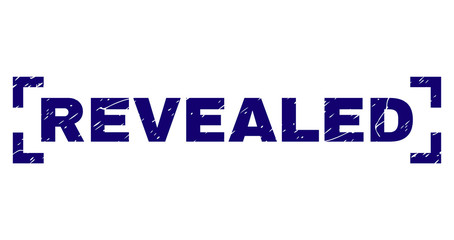 REVEALED label seal stamp with corroded texture. Text label is placed between corners. Blue vector rubber print of REVEALED with dust texture.