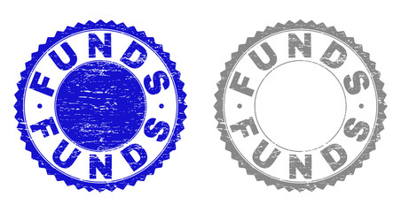 Grunge FUNDS stamp seals isolated on a white background. Rosette seals with distress texture in blue and grey colors. Vector rubber stamp imitation of FUNDS title inside round rosette.