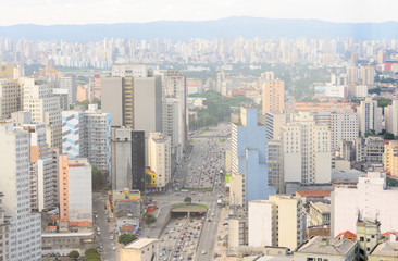 Aerial view of the huge city of Sao Paulo in Brazil seen from one of the tallest buildings in...