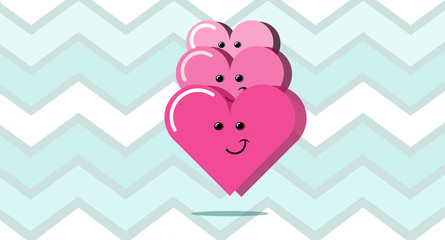 Three happy red hearts on an abstract linear blue background. Couple in love concept. Vector illustration.