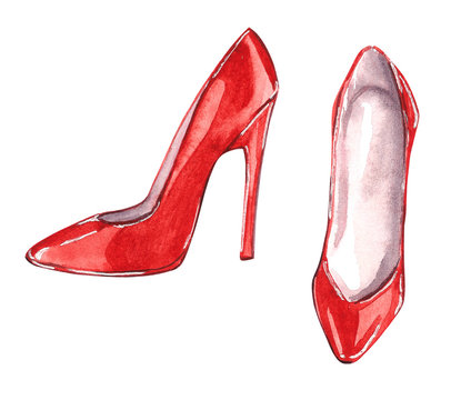 Hand drawn watercolor fashion illustration - party shoes on high heels in red color