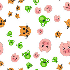 Seamless pattern of the head of a cat frog and pig.