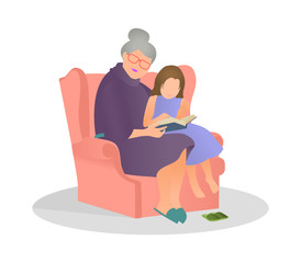 Vector illustration granddaughter listening her grandmother reading a story in flat style. Granny and granddaughter spend time together.