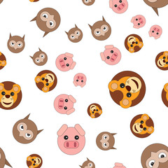 Fototapeta premium Seamless pattern of owl head of lion and pig