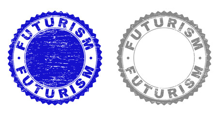 Grunge FUTURISM stamp seals isolated on a white background. Rosette seals with grunge texture in blue and gray colors. Vector rubber stamp imprint of FUTURISM text inside round rosette.