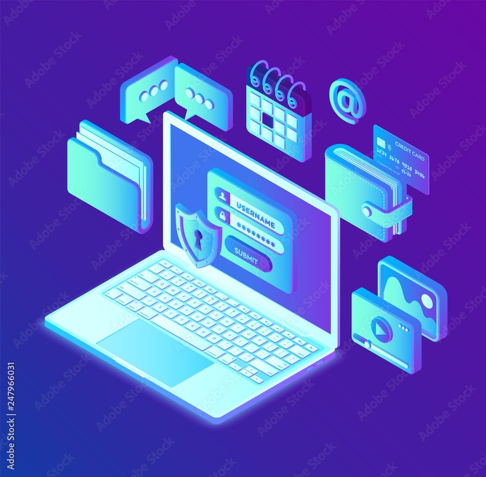 Poster data protection. open laptop with authorization form on screen, personal data protection. system of 