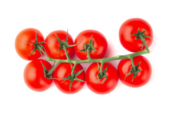 Ripe fresh cherry tomatoes on branch isolated on white background