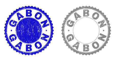 Grunge GABON stamp seals isolated on a white background. Rosette seals with grunge texture in blue and gray colors. Vector rubber overlay of GABON caption inside round rosette.