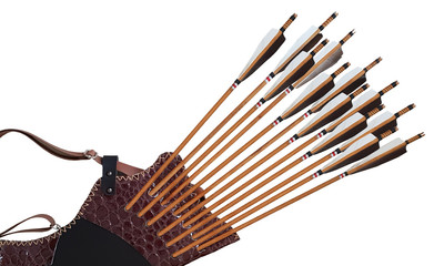 Traditional Archery Black Wooden Leather Quiver Arrow Horse Bow Turkish in White Isolated Background