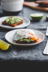 Avocado sandwich with a poached egg on a plate. The concept of healthy balanced breakfast.