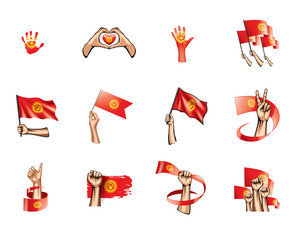 kirghizia flag and hand on white background. Vector illustration