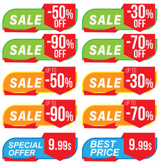 Vector tags for sales in rounded decoration with arrow down and different percentage: 30%, 50%, 70%, 90%
