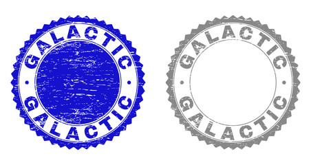 Grunge GALACTIC stamp seals isolated on a white background. Rosette seals with grunge texture in blue and gray colors. Vector rubber stamp imprint of GALACTIC text inside round rosette.