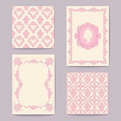 Set collections of cards vintage design elements. Patterns, frames
