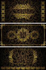 Set of three vector floral cards with a vintage floral frames on dark seamless floral background. Gold design