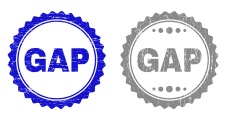 Grunge GAP stamps isolated on a white background. Rosette seals with grunge texture in blue and gray colors. Vector rubber stamp imprint of GAP caption inside round rosette.