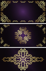 Set of three vintage cards. Can be used as invitations. Gold design and dark violet striped background