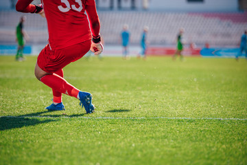 Soccer goalkeeper kicks out the ball