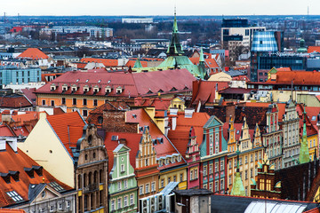 Landmark view of Wroclaw red rooftops and cathedrals